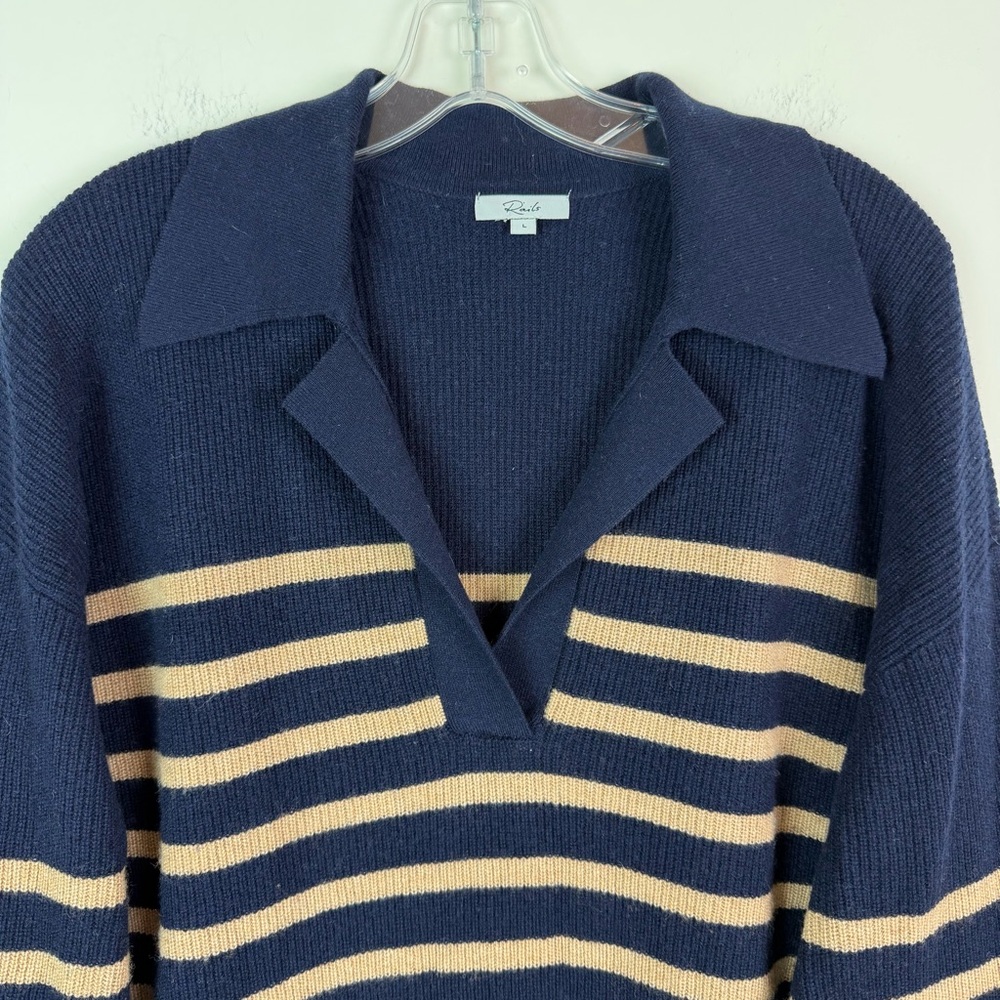 Rails Harris Wool Cashmere Polo Sweater in Camel Navy Stripe Size L - Picture 5 of 15